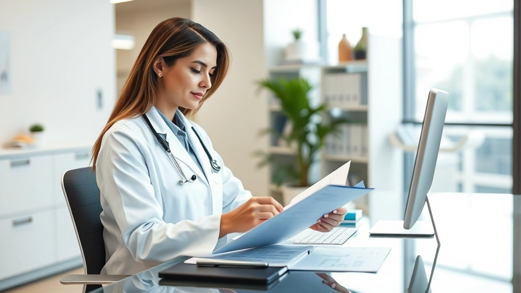 professional female doctor in white coat reviewing medical documents at desk in modern clinic office