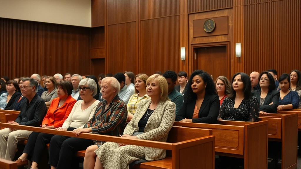 diverse group of people in courtroom gallery waiting area sitting on wooden benches looking calm