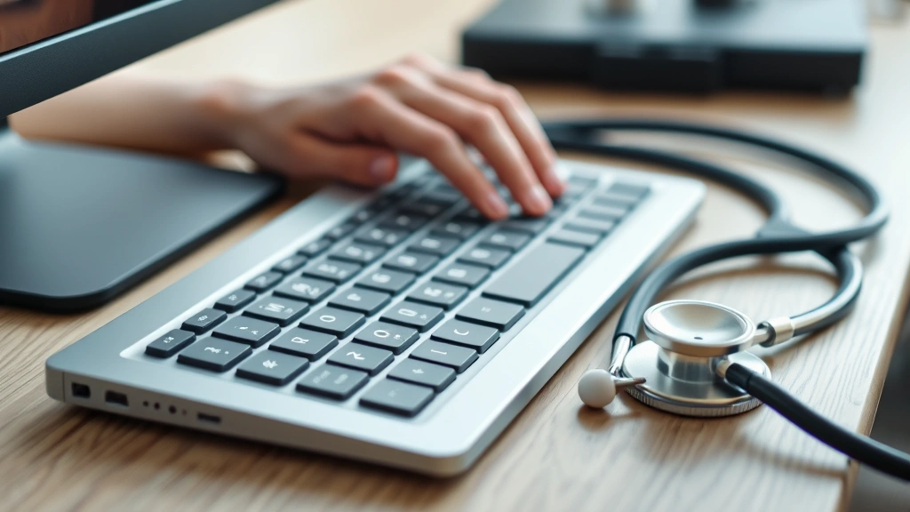 close up of hands typing accommodation letter on computer keyboard with stethoscope on desk nearby