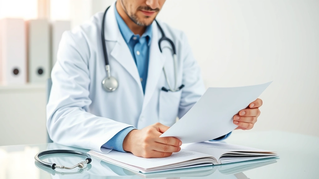 Healthcare provider in white coat reviewing medical documents at desk with stethoscope nearby