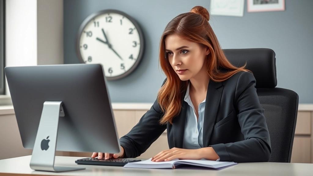 Professional woman taking timed test at computer with clock visible in background, focused expression