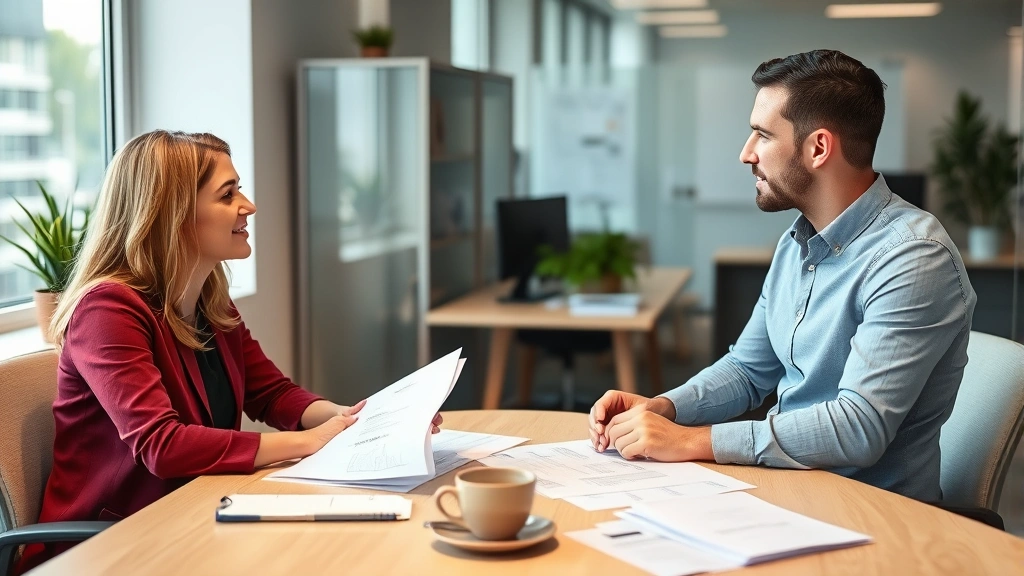 HR manager and employee having supportive conversation in office, paperwork and coffee on desk
