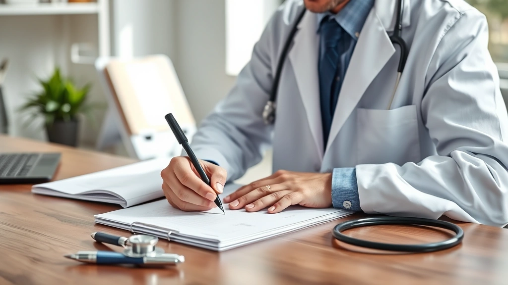 Doctor writing medical notes at desk with stethoscope and patient file, professional healthcare setting with natural lighting