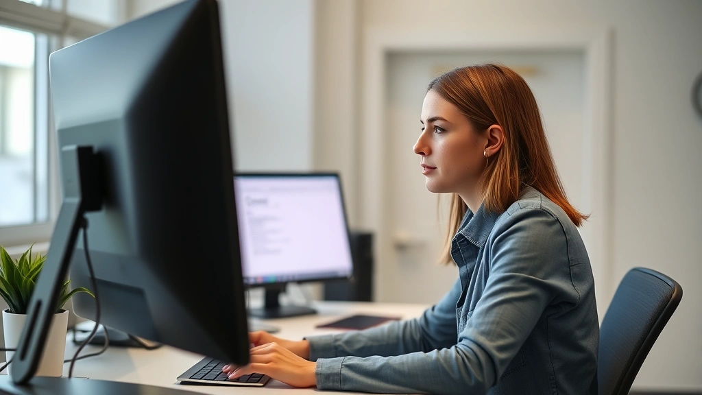 Person taking timed exam at computer with clock visible, focused concentration, calm professional office environment
