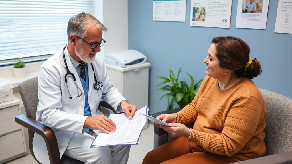 Healthcare provider and patient having discussion in clinical office, reviewing documents together, supportive consultation s