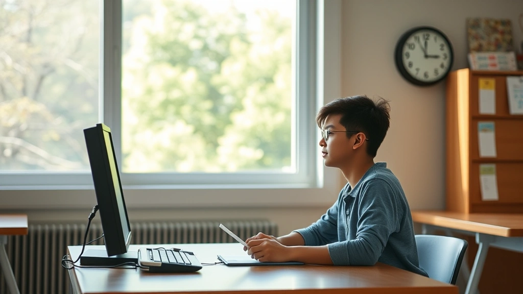Student sitting at desk in quiet testing center with extended time clock showing additional time remaining, focused expressio