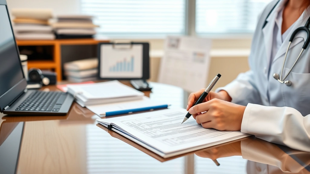 Healthcare provider writing detailed medical documentation at desk with medical records and assessment results visible, profe