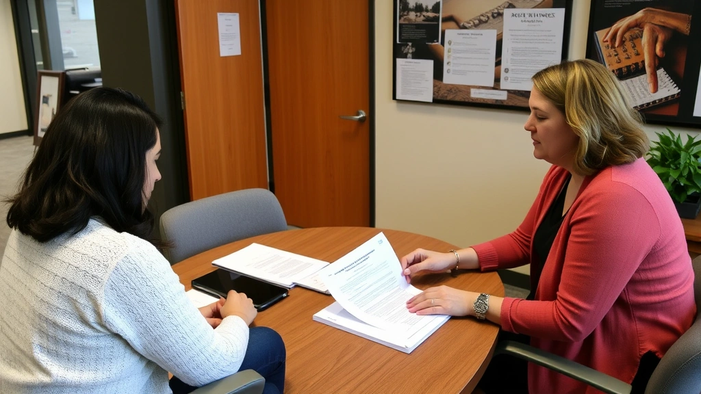 College disability services office meeting room with student and coordinator reviewing accommodation paperwork and doctor's l