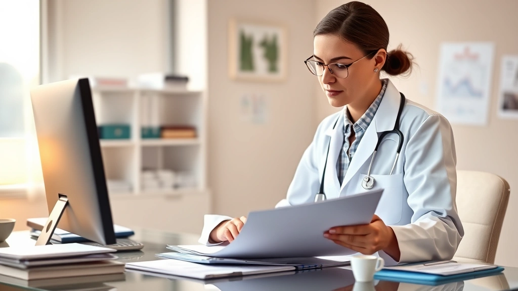 Professional healthcare provider in white coat reviewing medical documents at desk with patient file, warm clinical office li