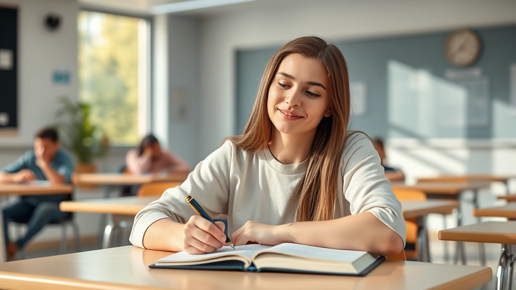 Student taking exam at desk with extra time accommodation, peaceful focused expression, modern classroom setting with natural