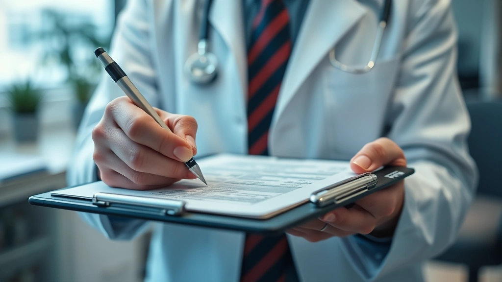 Close-up of healthcare provider writing detailed medical notes with pen on clipboard, professional office environment