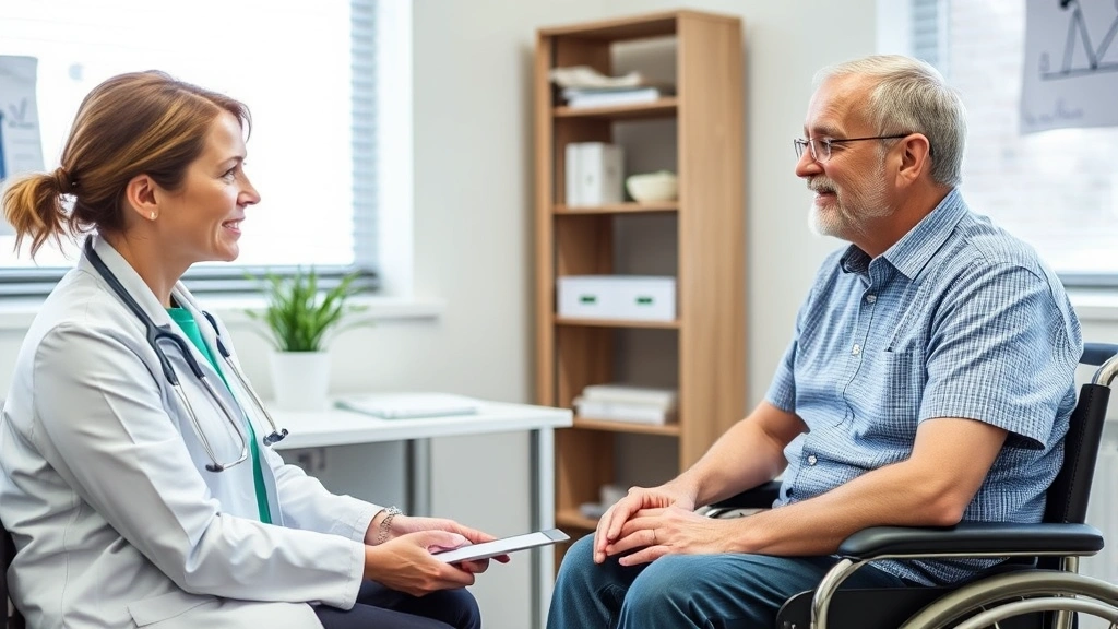 Doctor and patient discussing medical evaluation for disability accommodation in clinical office setting