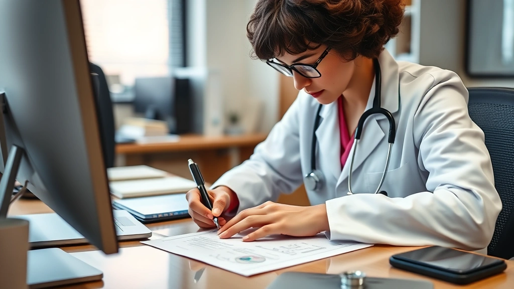 Healthcare provider writing medical documentation at desk with stethoscope and computer, professional office setting, focused