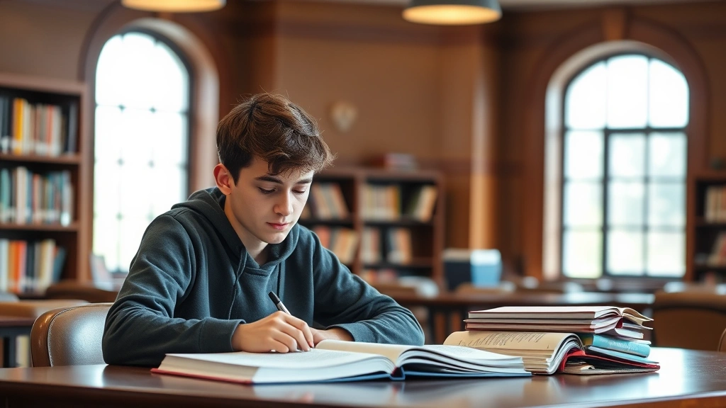 Student studying at library table with textbooks and notes, calm concentration, natural window lighting, warm academic enviro