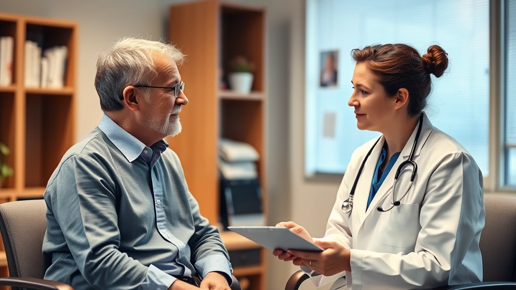 Doctor and patient having consultation in clinical office, discussing medical documentation, professional healthcare interact