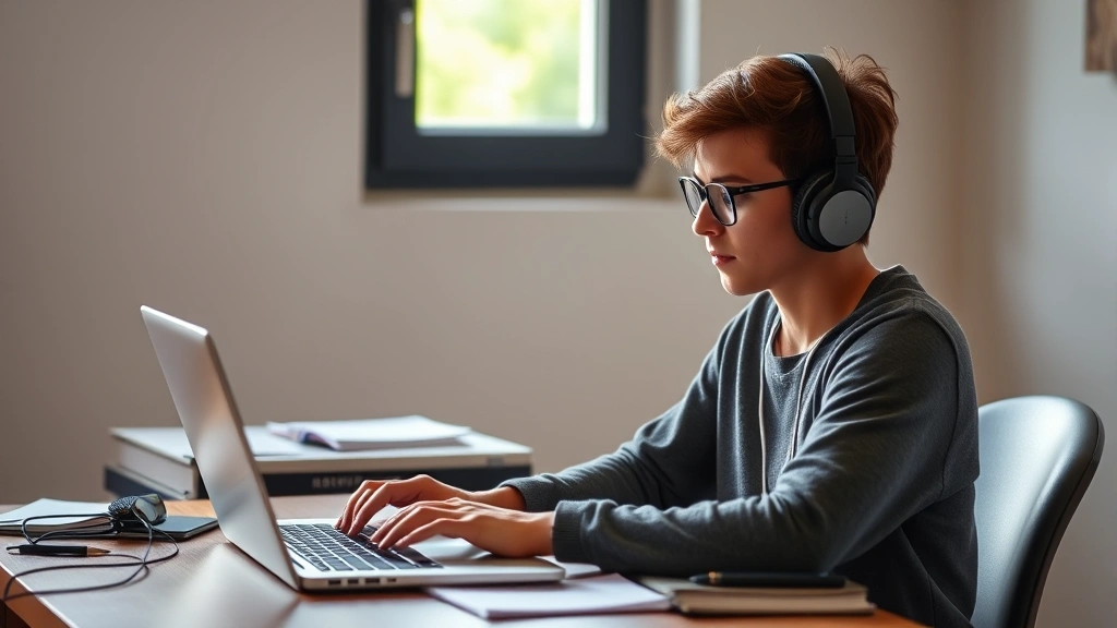 Student with laptop taking online exam at desk with headphones and notebook, calm focused expression, natural lighting from w