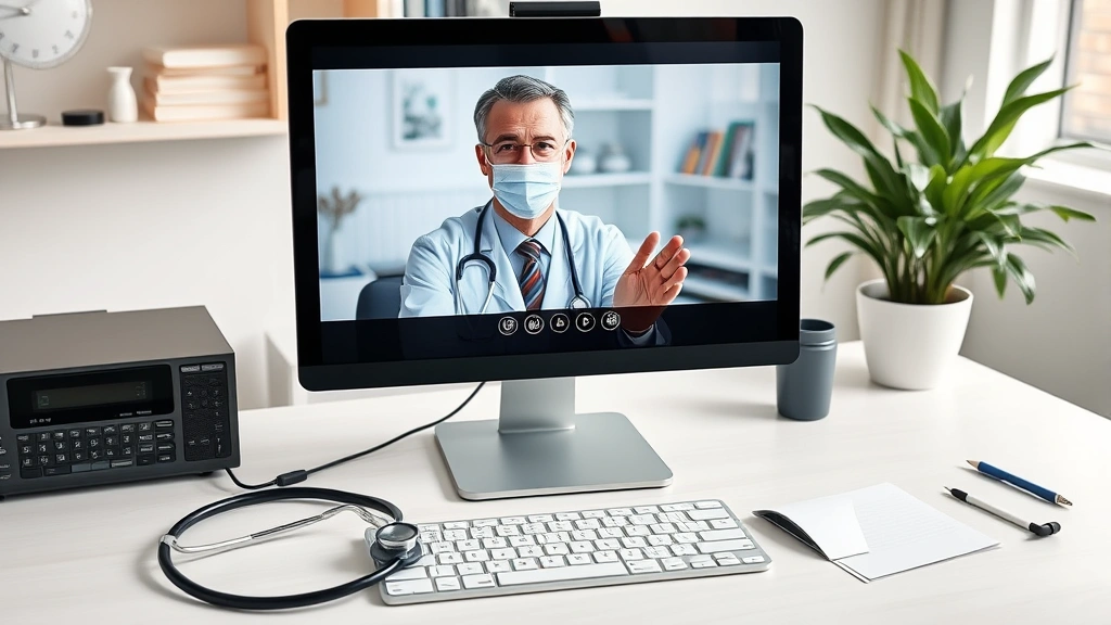 Doctor in telemedicine video call on computer screen with medical stethoscope beside keyboard, professional home office setti