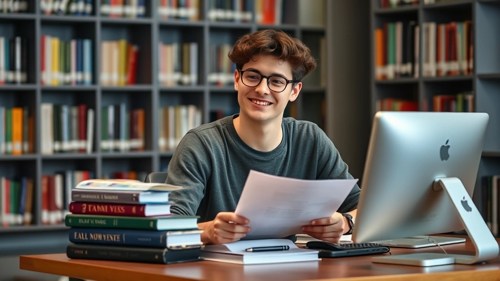 Student with accommodation letter document sitting at desk in university library with textbooks and computer, relieved expres