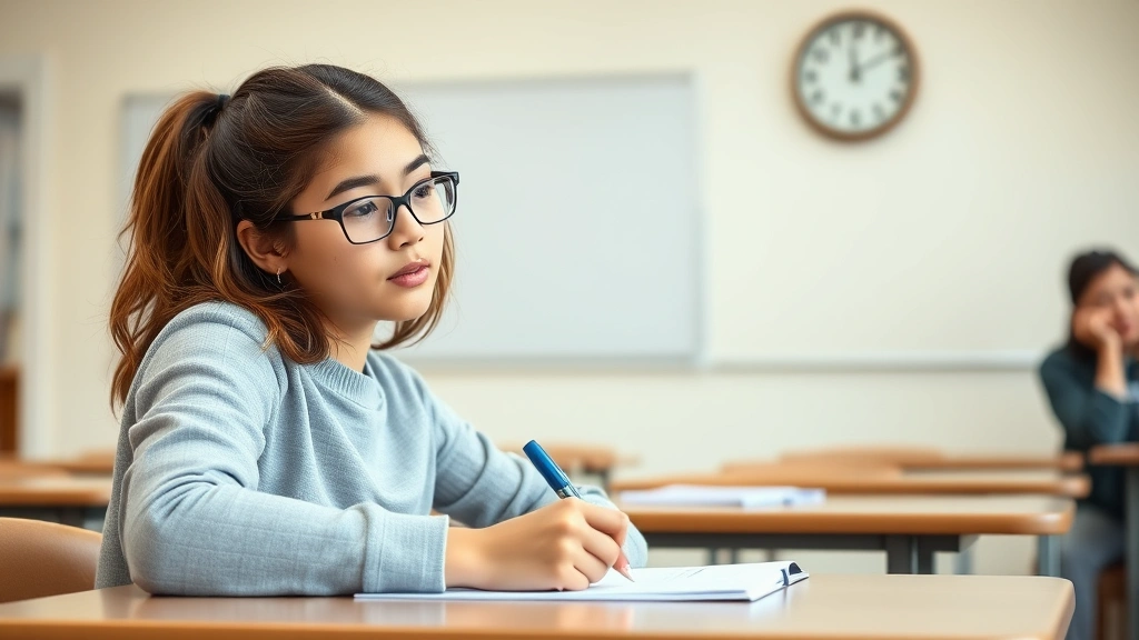 Student taking exam at desk with clock visible in background, focused and calm expression, neutral classroom setting, natural