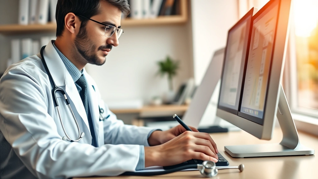 Doctor or healthcare provider at computer writing medical documentation, professional office environment, warm lighting, stet