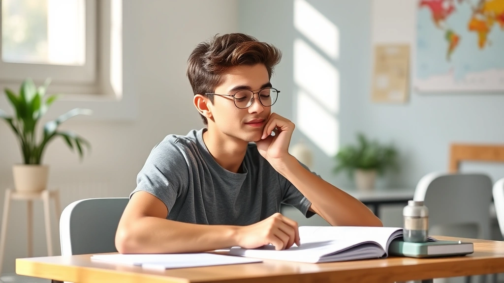 Diverse student taking exam with relaxed posture at desk with clock visible, natural lighting, peaceful expression, no docume