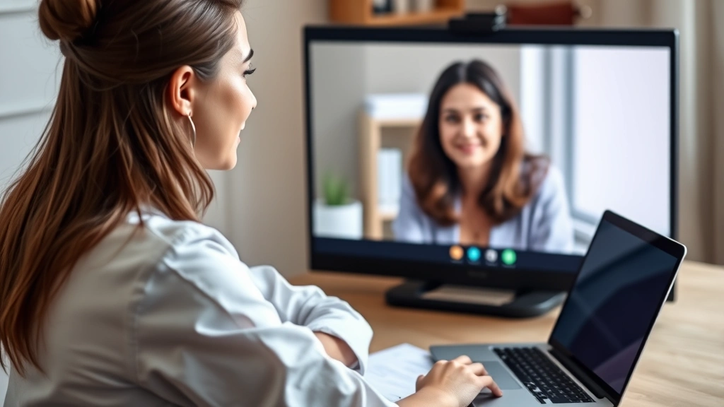Female healthcare provider on video call screen with student visible, warm professional setting, laptop and medical notes in