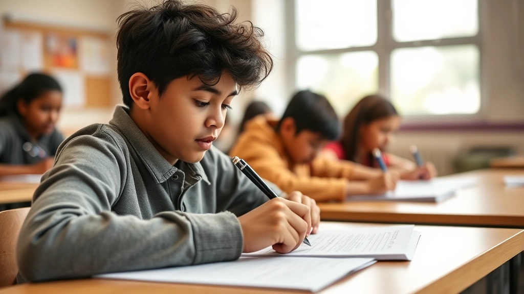 Student successfully completing test with extended time, focused expression, bright classroom, test papers and pen in natural