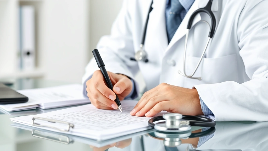 Doctor in white coat writing medical documentation at desk with stethoscope and patient file, professional clinical setting