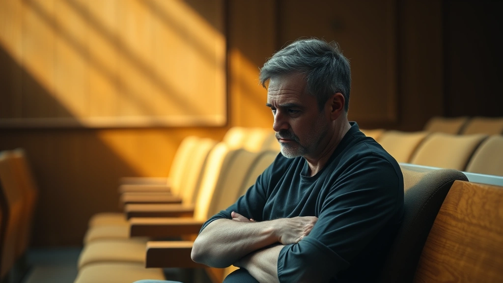 Anxious patient sitting in courtroom bench looking stressed and unwell, natural lighting, serious atmosphere