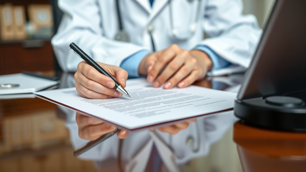 Healthcare provider signing official medical letter at desk with letterhead visible, close-up of pen and paper