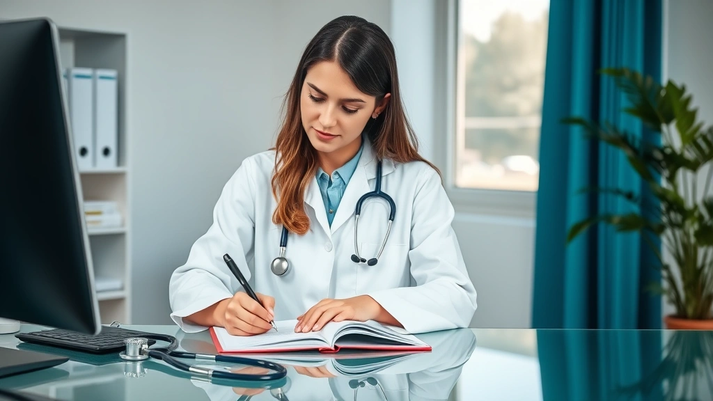 Female doctor in white coat writing medical notes at desk with stethoscope nearby, professional healthcare office setting wit