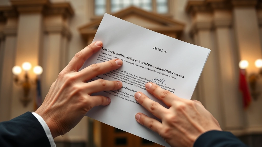 Close-up of hands holding official medical document with letterhead and signature, blurred courthouse background, professiona