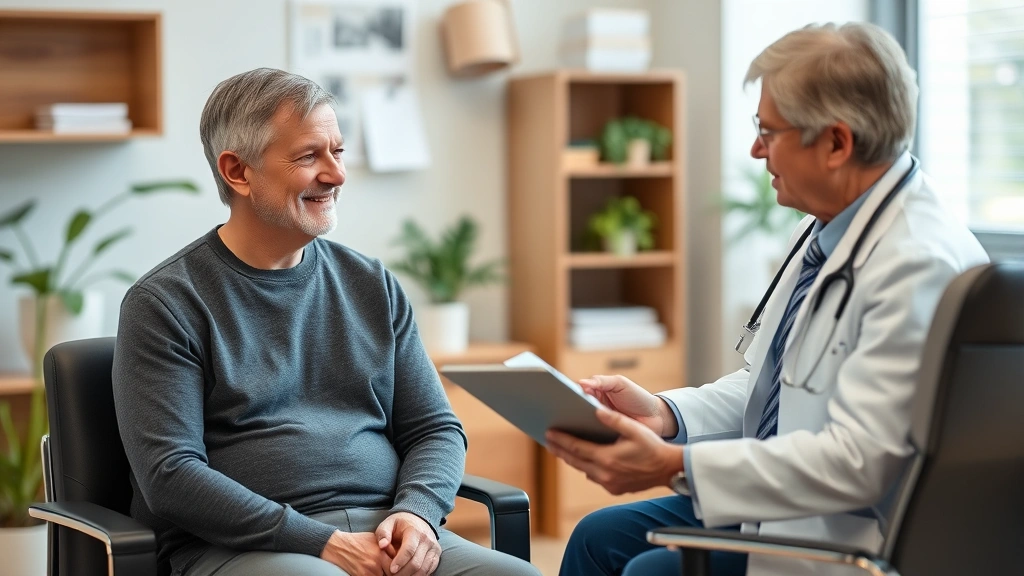 Calm middle-aged person sitting in doctor's office during consultation, doctor holding tablet discussing medical records, sup