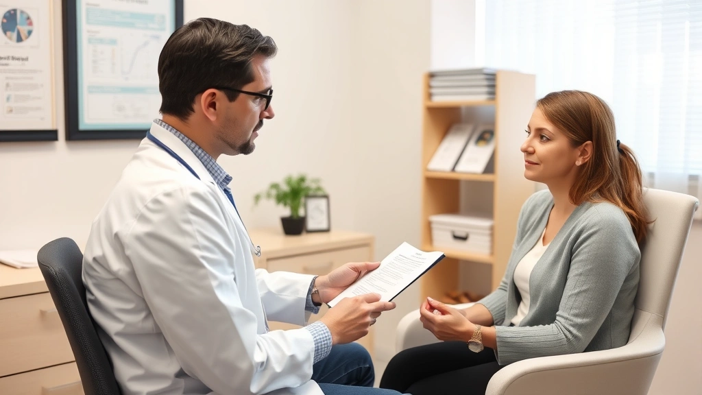 Patient in medical office consultation with healthcare provider discussing medical documentation and court procedures, profes