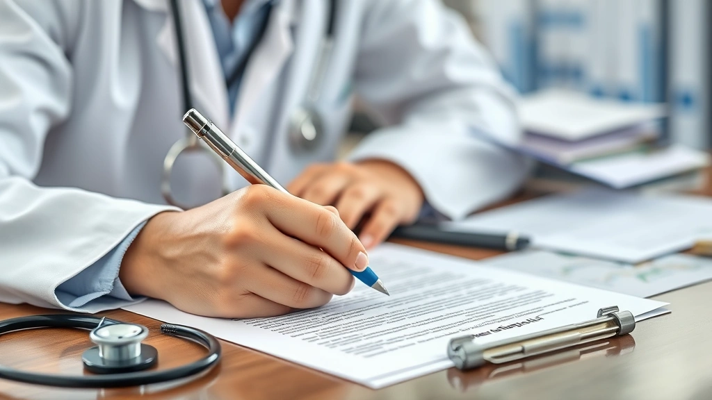 Doctor writing medical letter at desk with stethoscope and medical records visible, focusing on documentation and letterhead