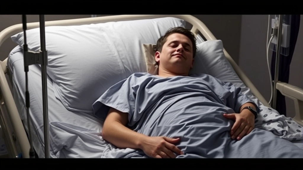 Person in hospital gown resting in hospital bed with IV stand, representing serious medical condition requiring court accommo