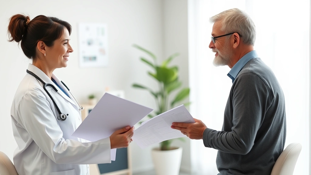 Doctor in white coat reviewing medical chart with patient in modern clinical office, compassionate healthcare consultation