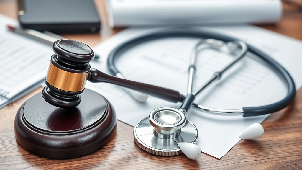 Professional medical documents and stethoscope on desk with gavel symbolizing healthcare and law intersection