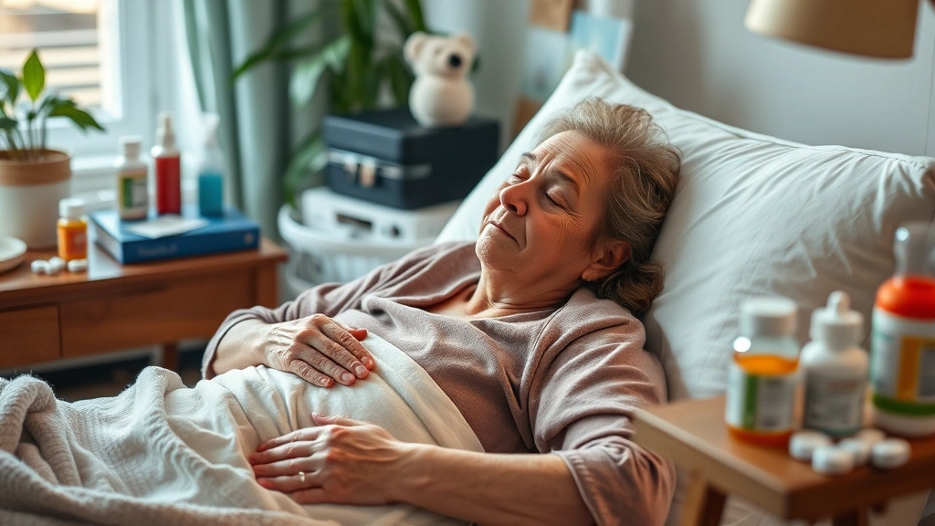 Patient resting at home in comfortable recovery environment with medication bottles and wellness items visible