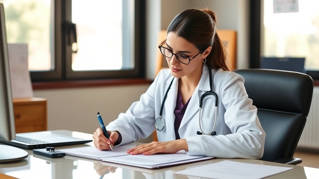 healthcare provider in white coat writing medical documentation at desk with stethoscope, professional office setting, natura