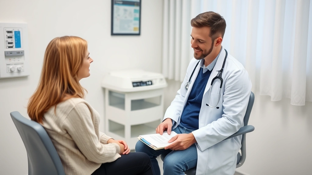 person sitting in medical examination room during doctor consultation, healthcare professional taking notes, calm supportive