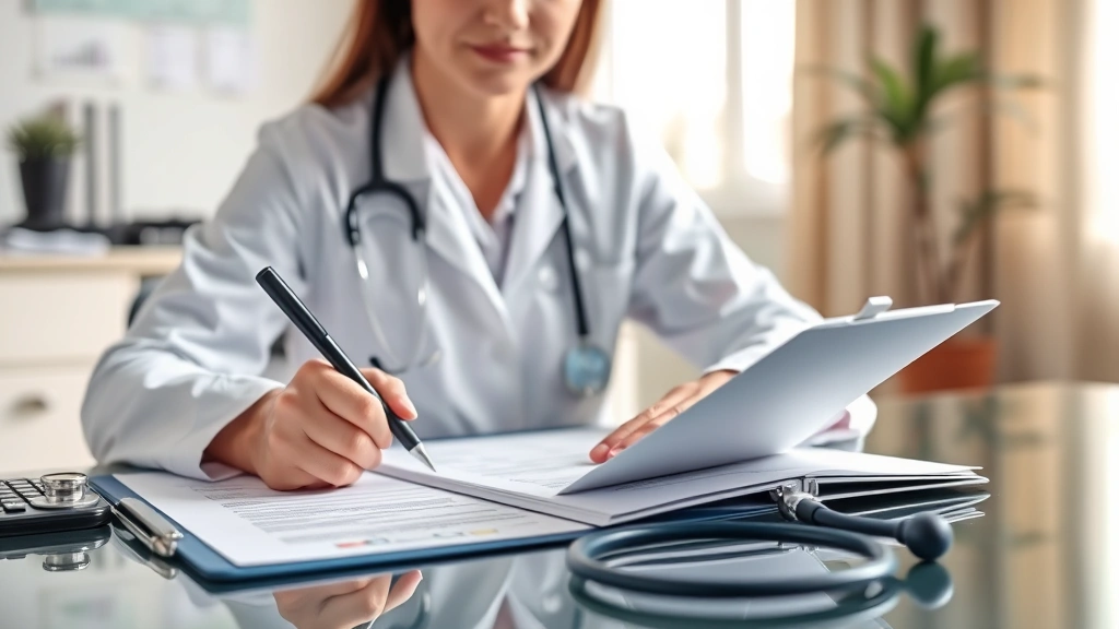 Doctor writing medical documentation at desk with stethoscope and clipboard, professional office setting, natural lighting