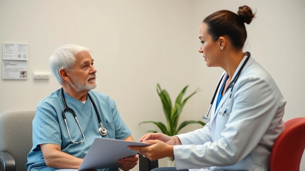 Patient having consultation with healthcare provider discussing medical records and treatment timeline, supportive clinical e