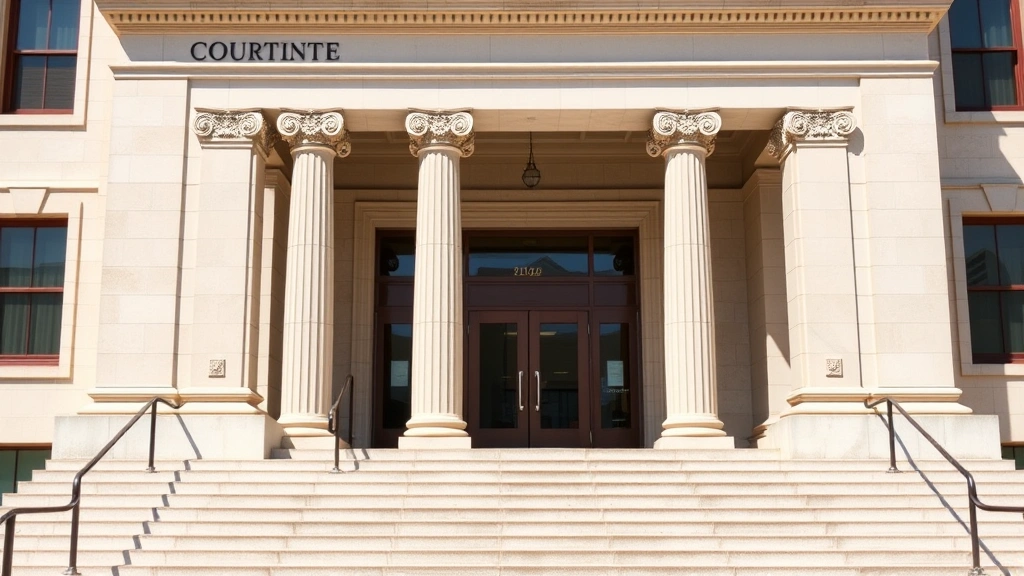 Courthouse entrance with steps and columns, official legal building exterior, daylight professional atmosphere