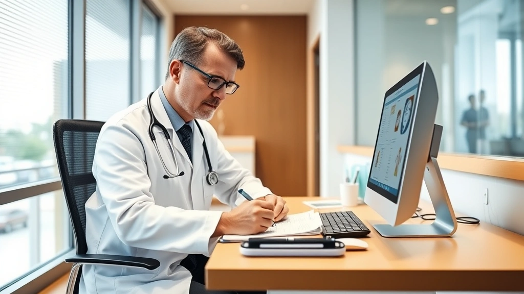 Doctor in white coat writing medical documentation at desk in modern clinic with stethoscope and computer