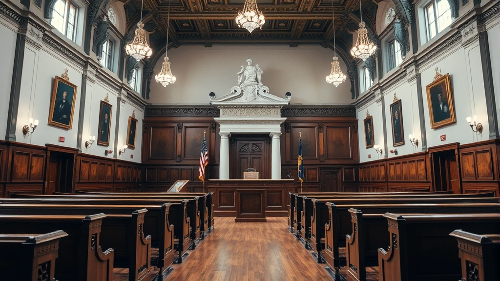 Courthouse interior with wooden benches and professional legal setting showing formal courtroom environment