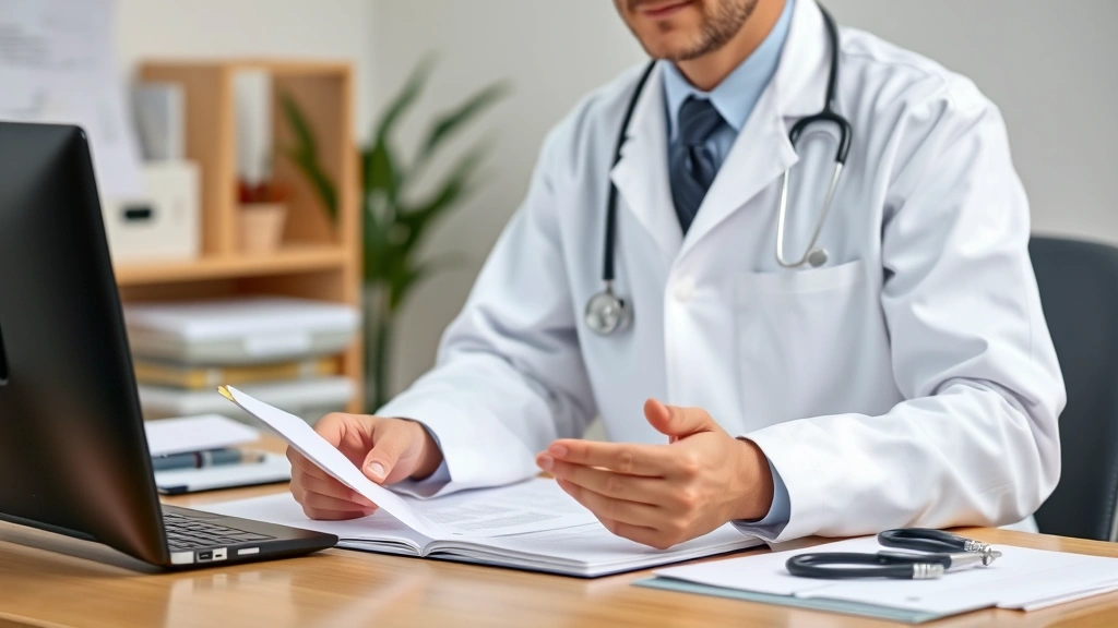 Doctor in white coat reviewing medical documents at desk with stethoscope, calm professional healthcare setting