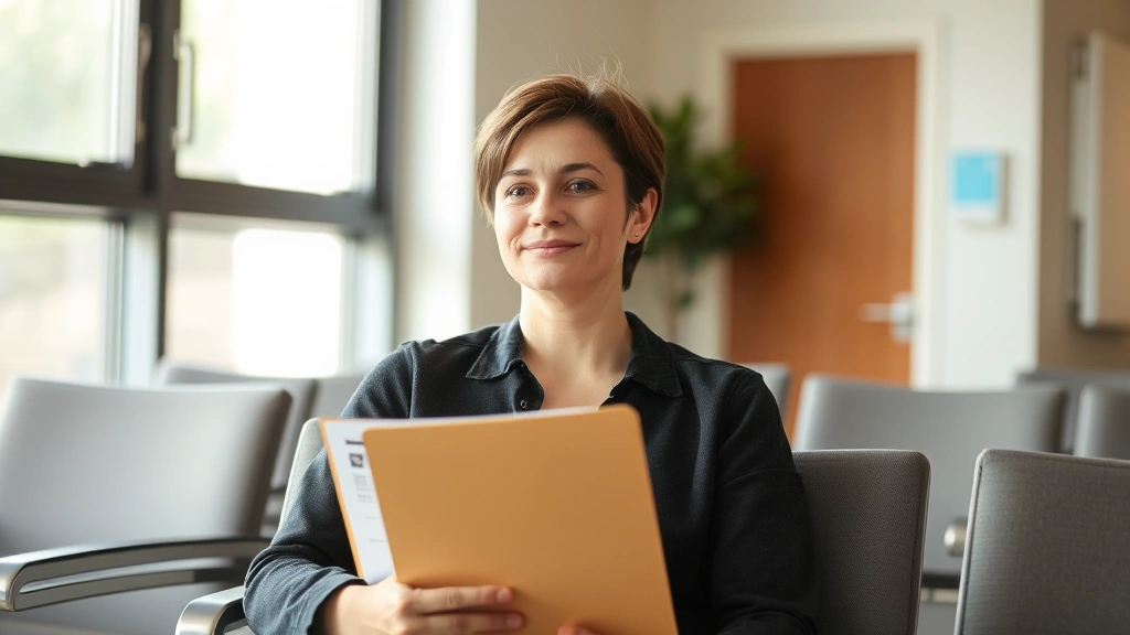 Person sitting in waiting room holding folder with medical papers, natural lighting from window, peaceful expression