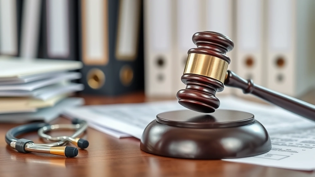 Gavel on desk next to medical file folder, professional courthouse office environment, organized paperwork