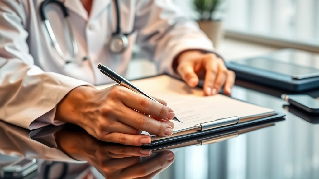 Healthcare provider writing medical documentation at desk with professional letterhead and pen, warm lighting